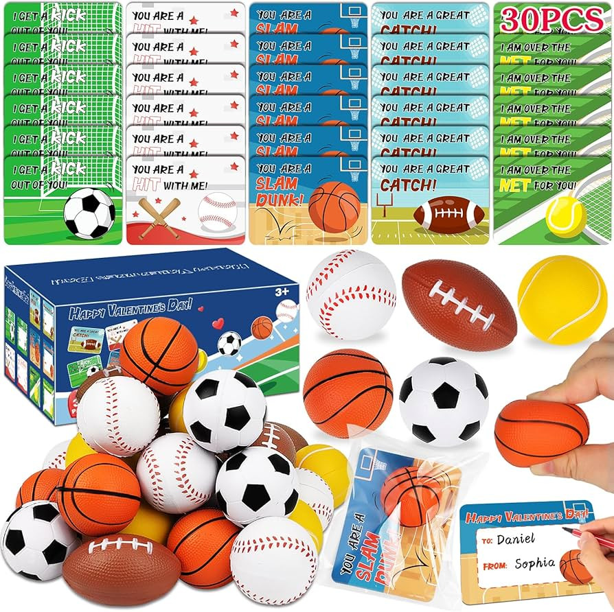 Valentines Day Cards for Kids School - 30 Pack Sport Balls Valentines Day Gifts for Kids Classroo... | Amazon (US)