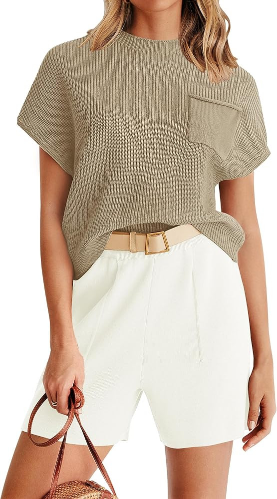 ZESICA Women's 2 Piece Outfits Sweater Set Short Sleeve Mock Neck Knit Pullover Top and Shorts Tr... | Amazon (US)