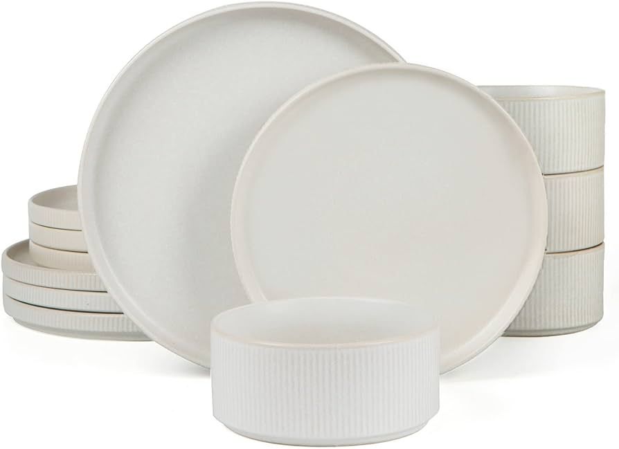 Famiware Plates and Bowls for 4, 12 Piece Dishes, Full Glaze Matte White | Amazon (US)