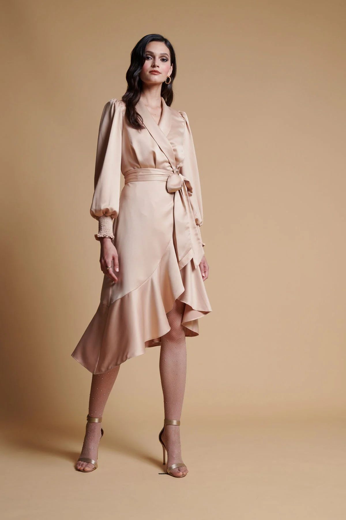 Long Sleeve Satin Wrap Dress - Gilded Beige | Rachel Parcell