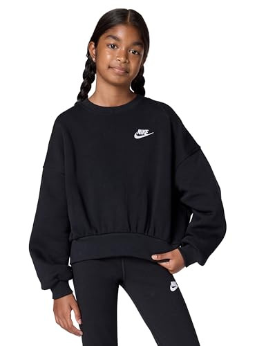 Nike Girls Sportswear Club Fleece Boxy Crew-Neck Sweatshirt, Black/White, Small | Amazon (US)