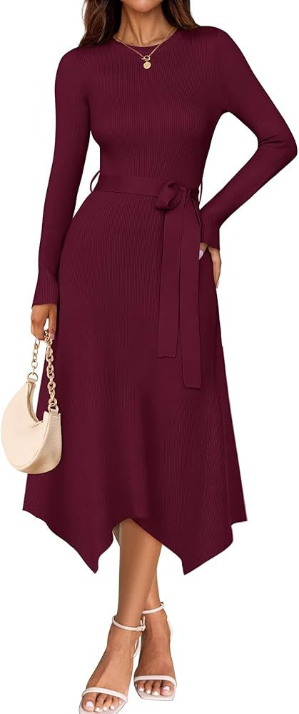 ZESICA Long Sleeve Sweater Dresses for Women 2025 Fall Winter Crewneck Ribbed Knit High Waist Mid... | Amazon (US)