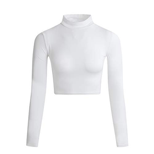 LONGBIDA Women's Long Sleeve Mock Neck Pure Soft Thin Sexy Stretch Crop TOP T Shirt(White,L) | Amazon (US)