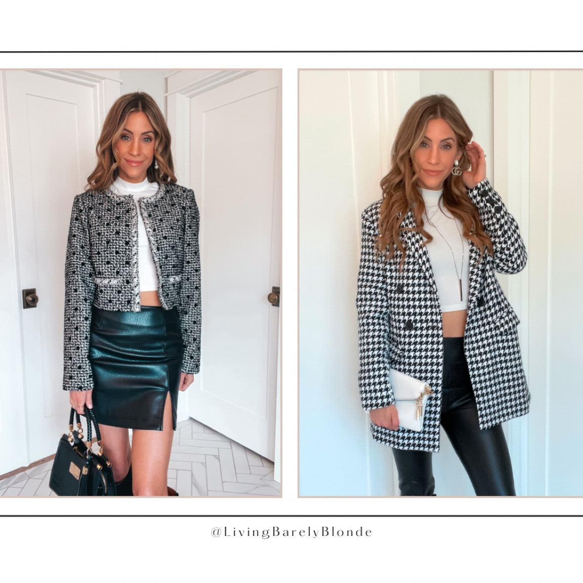 Two different textured jacket looks 🤍. Monochrome outfits for the holidays. Or pair with a pop of color!

Tweed jacket fits tts. Paired with  vegan leather mini skirt and knee high boots. 

Houndstooth blazer fits mostly tts, size up for wider shoulders. Paired with vegan leather leggings and knee high boots.

Both outfits are paired with gold and pearl earrings and handbags.

Fall fashion. Fall outfit inspo. Autumn styles. Boots. Jackets. Blazer. Mini skirts. Holiday outfit. Thanksgiving outfit. Christmas party outfit. 

#jenniferxerin #stylewithjen #ltkpetite

#LTKfindsunder100 #LTKSeasonal #LTKHoliday
