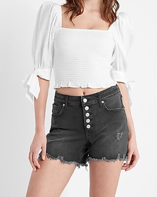 Mid Rise Black Wash Destroyed Boyfriend Jean Shorts | Express