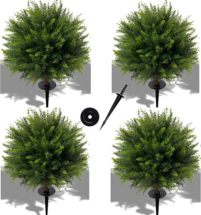 24.5 Inch (H) Artificial Cedar Topiary Ball Trees, Set of 4 Fake Shrub Bushes with Ground Spike, ... | Amazon (US)