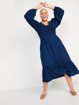 Long-Sleeve Fit & Flare Smocked Midi Dress for Women | Old Navy (US)