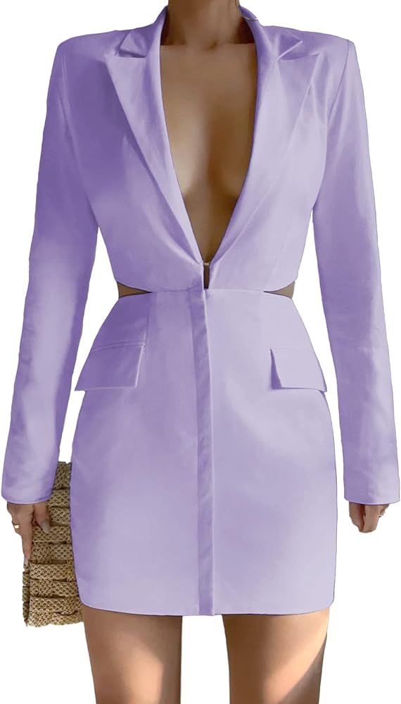 ARTFREE Women's Long Sleeve Blazer Dress Elegant Sexy Deep V Neck Lapel Casual Cutout Mini Dresse... | Amazon (US)
