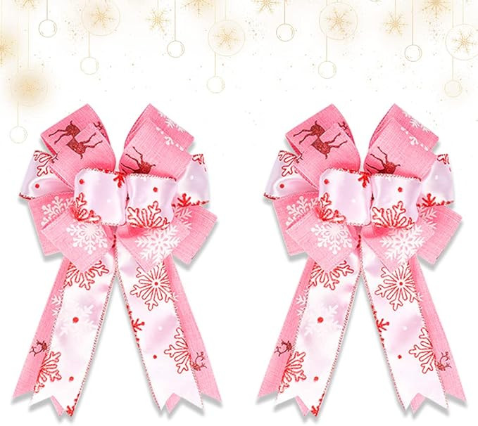 ABTOLS 2PCS Christmas Bows for Wreath, Pink Xmas Elk Wreath Bows for Front Door, Glitter Deer Red... | Amazon (US)