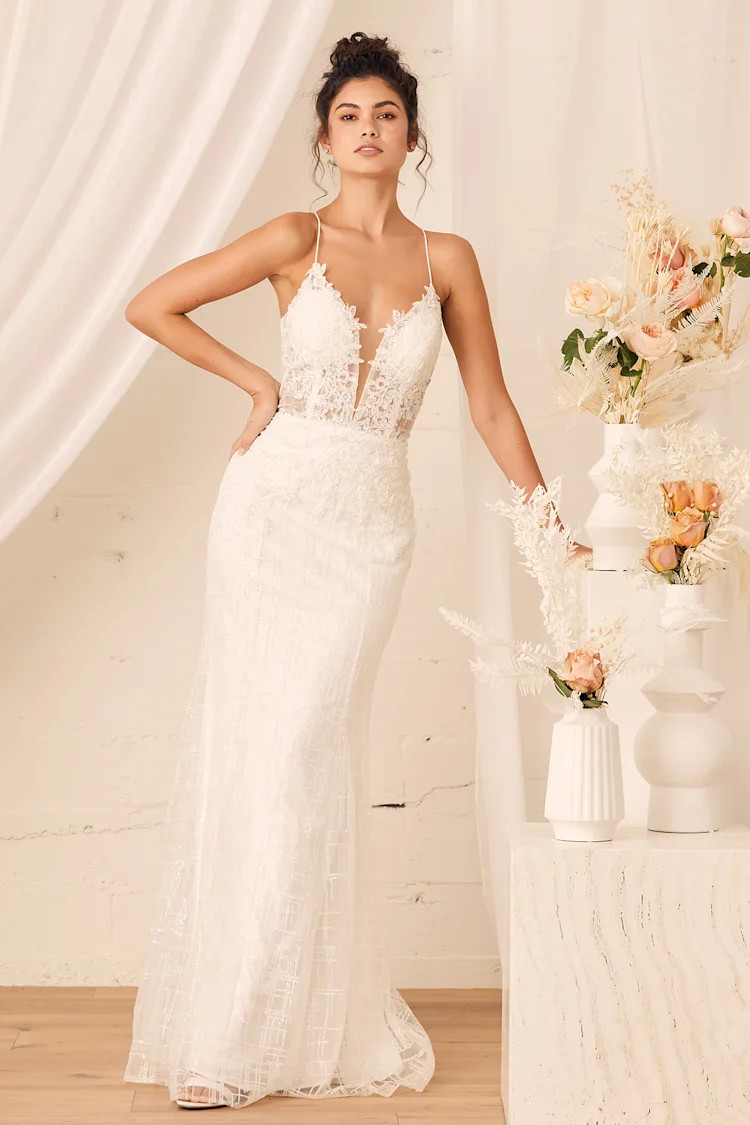 Wonderstruck White Glitter Lace-Up Embroidered Lace Maxi Dress | Lulus