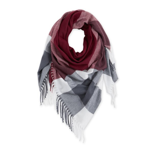 Fringe Plaid Blanket Scarf - Burgundy & Grey - Walmart.com | Walmart (US)
