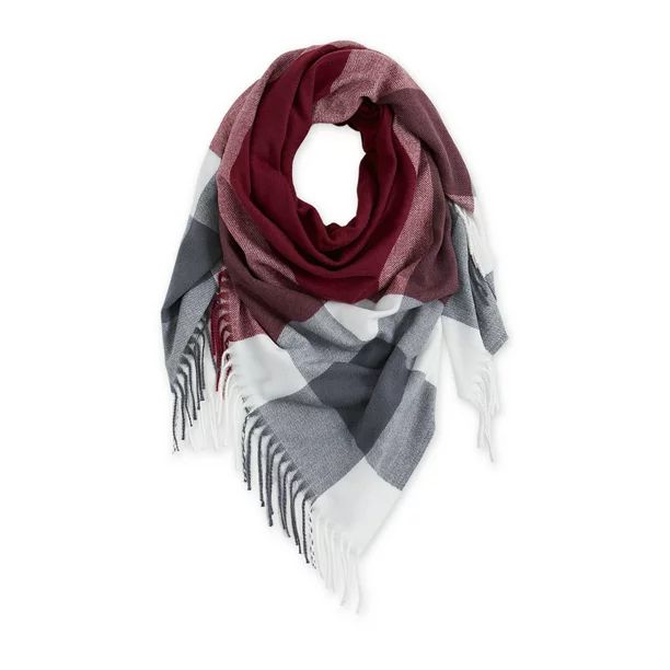 Fringe Plaid Blanket Scarf - Burgundy & Grey - Walmart.com | Walmart (US)