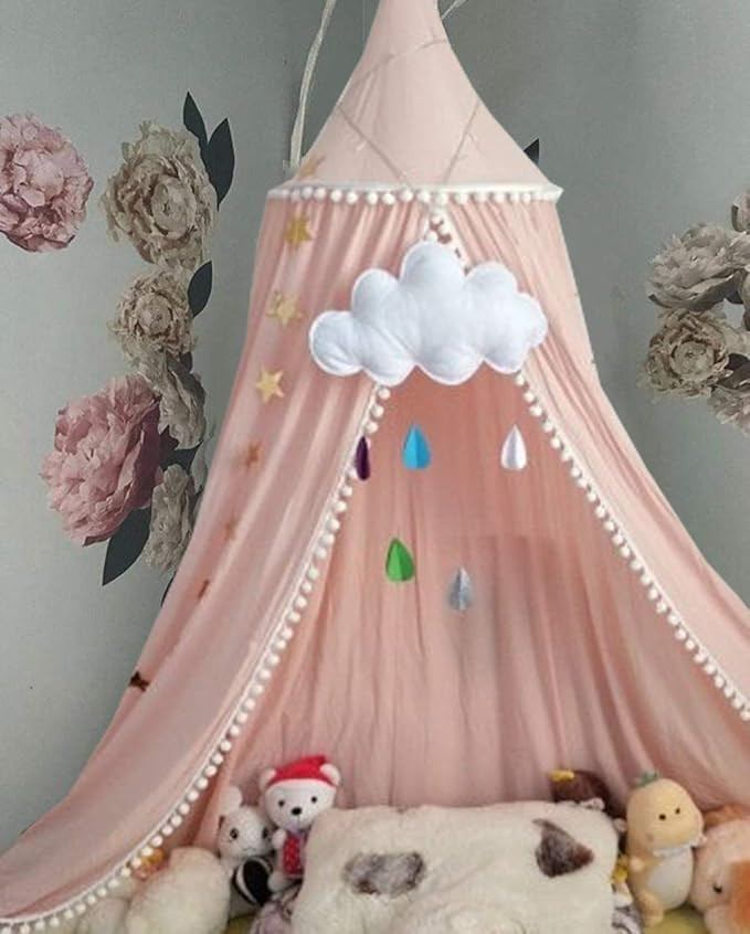 Bed Canopy for Girls Bed with Pom Pom, Cotton Dome Mosquito Net for Baby, Kids Indoor Outdoor Pla... | Amazon (US)