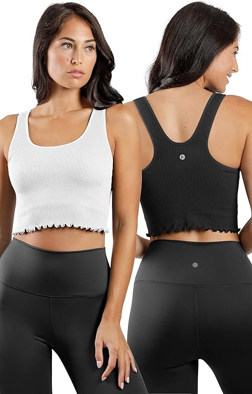 90 Degree By Reflex Ribbed Lettuce Edge Cropped Tank Top Long Line Bra - 2 Pack | Amazon (US)