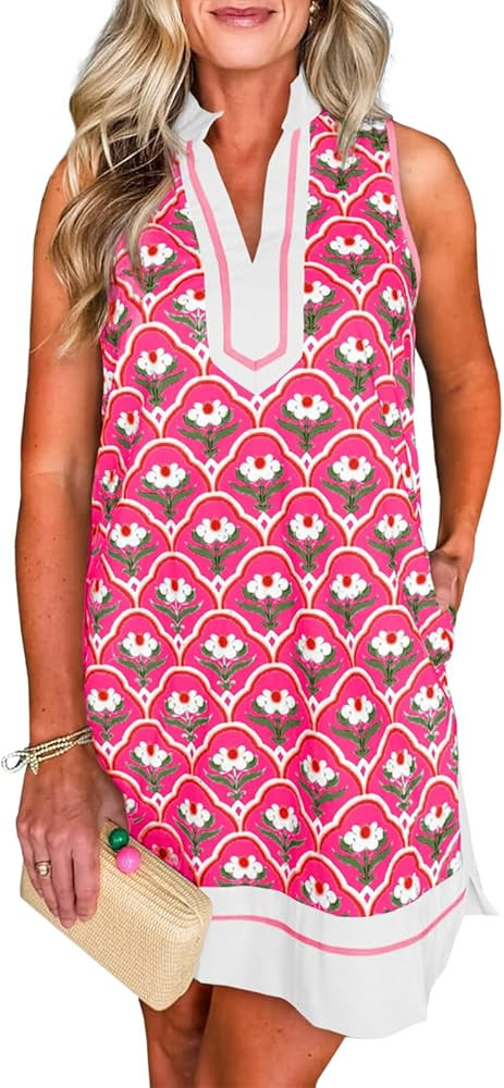 Cicy Bell Womens Summer Floral Print Mini Dress V Neck Sleeveless Color Block Boho Dresses Casual... | Amazon (US)