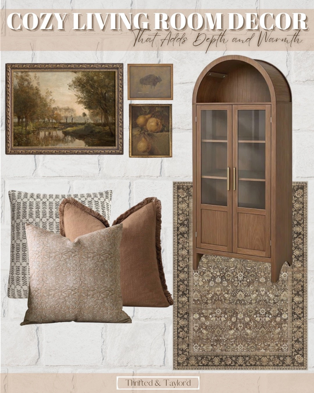 This is one of my favorite ways to make a living room feel a little more grounded and inviting—just by layering in a few pieces with a bit more depth.

I’ve been especially drawn to these richer wood tones paired with softer neutrals lately. It keeps everything feeling cozy, but adds that contrast that makes a space feel more collected and less flat. 

The mix of vintage-style artwork, textured pillows, and a deeper toned rug really pulls it all together.

If your living room has been needing a little something, this is such an easy place to start without having to change everything.

Everything is linked here if you want to bring this warm, layered feel into your own space.
