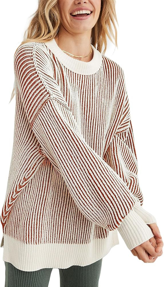Beyond Chenille Sweater for Women 2025 Winter Crew Neck Pullover Sweater Color Block Knit Tops | Amazon (US)