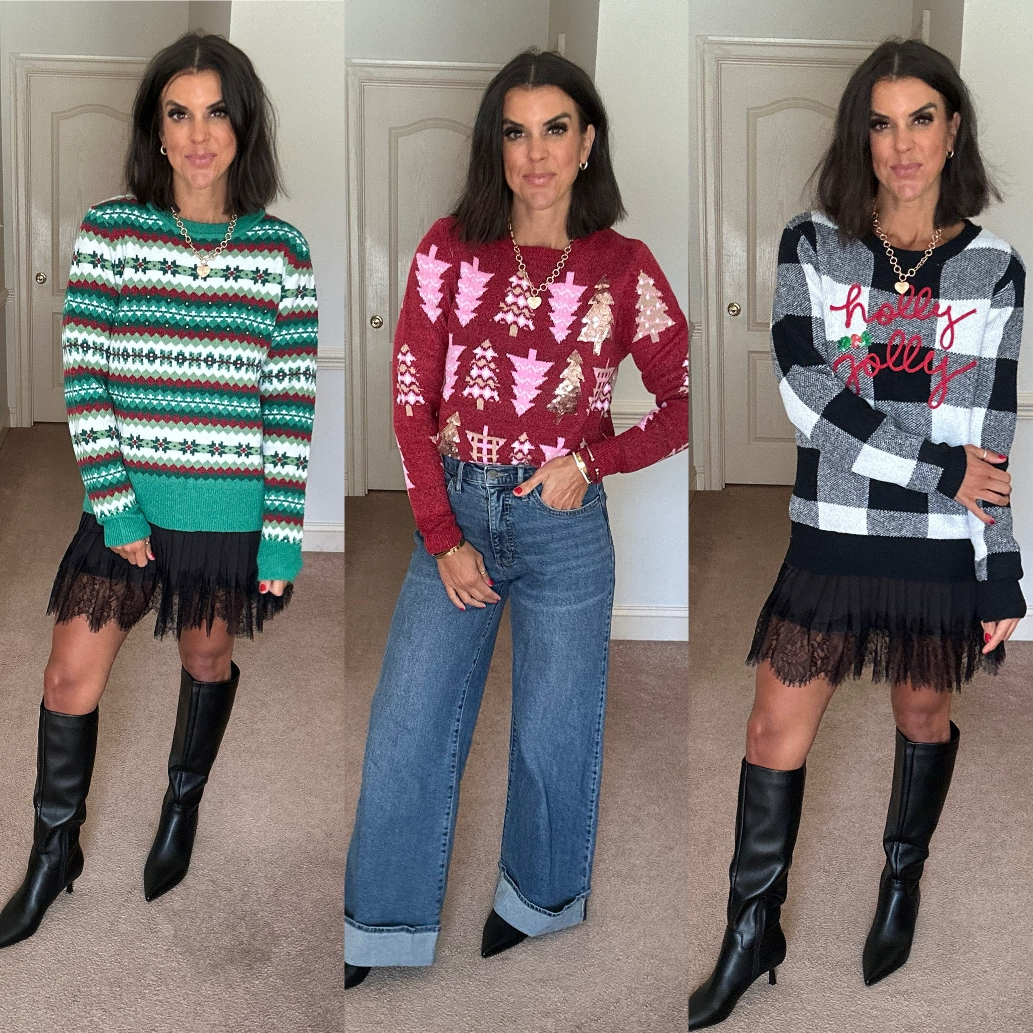 The perfect Holiday sweaters! Sized up 2 sizes to large in green, wearing my true size small in others. Size small in slip skirt. Jeans fit tts (go down if in between). Walmart boots fit tts 

#LTKSaleAlert #LTKFindsUnder50 #LTKFindsUnder100