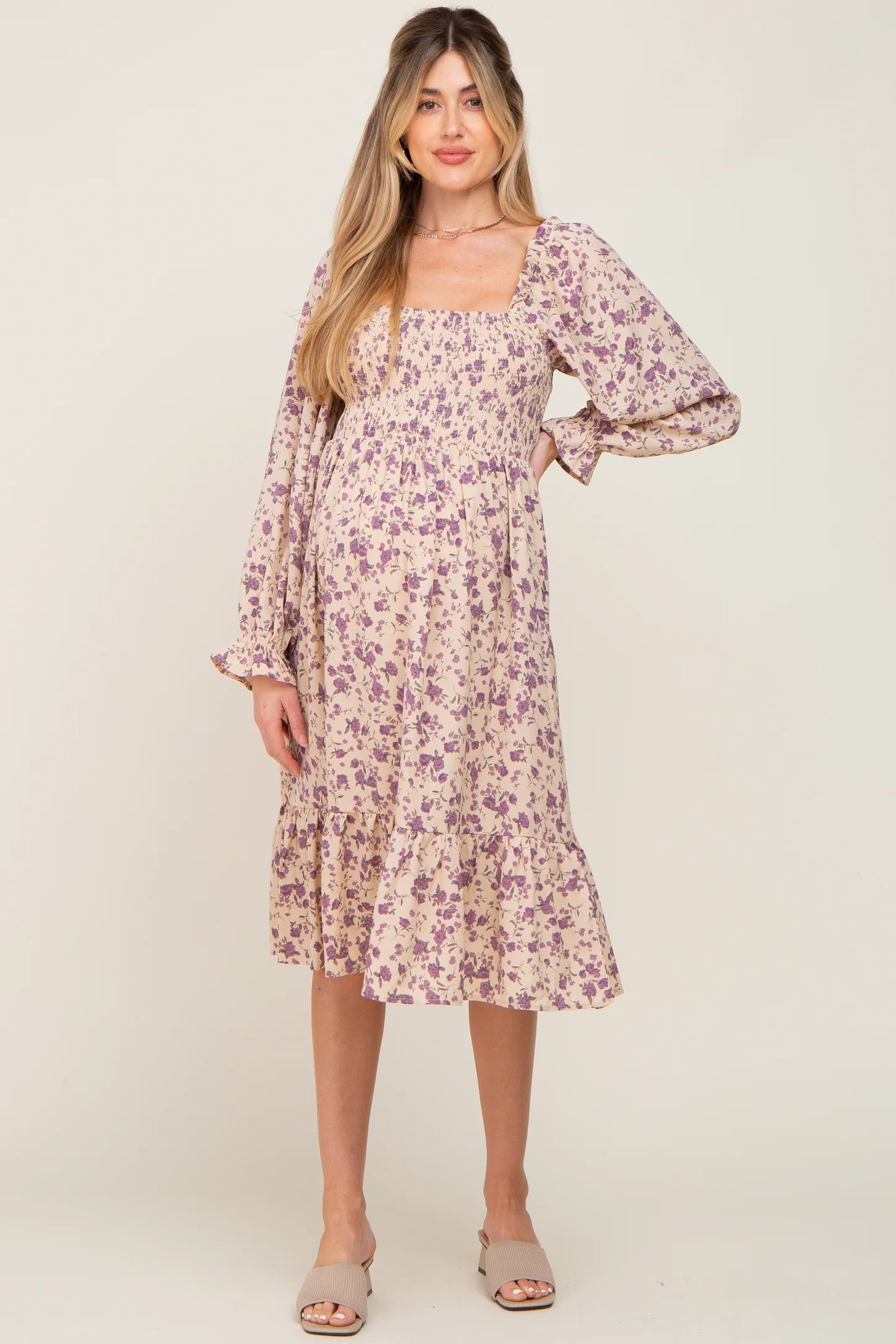 Taupe Floral Smocked Long Sleeve Maternity Midi Dress | PinkBlush Maternity
