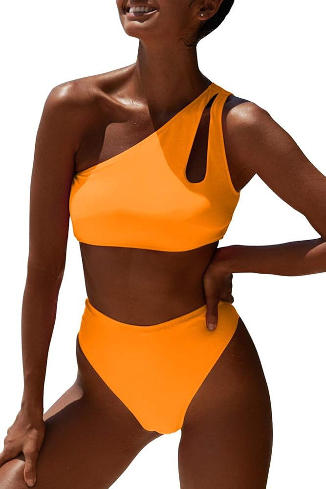 Women One Shoulder Bikini High Waisted Cutout Crop Top Swimsuit Sports Two Piece Padded Push Up H... | Amazon (US)