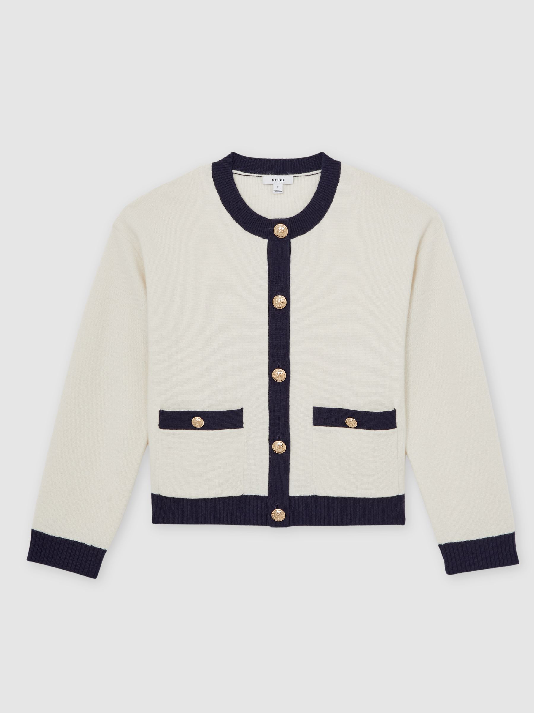 Reiss Wool-Cashmere Crew-Neck Cardigan in Cream/Navy - REISS | Reiss UK
