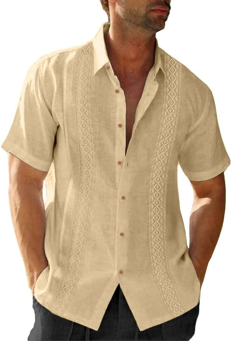 JMIERR Men's Casual Hawaiian Shirts Linen Shirt Short Sleeve Button Up Guayabera Shirts Beach Shi... | Amazon (CA)