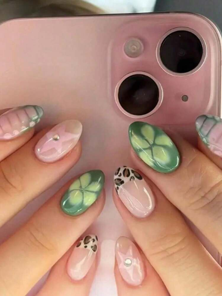 24pcs Oval French Manicure Nail Stickers, Floral & Glitter Design, Perfect For Acrylic Nail Tips, Includes 1pc Jelly Gel And 1pc Nail File, Suitable For Women And Girls In Summer, Nail Art Supplies | SHEIN