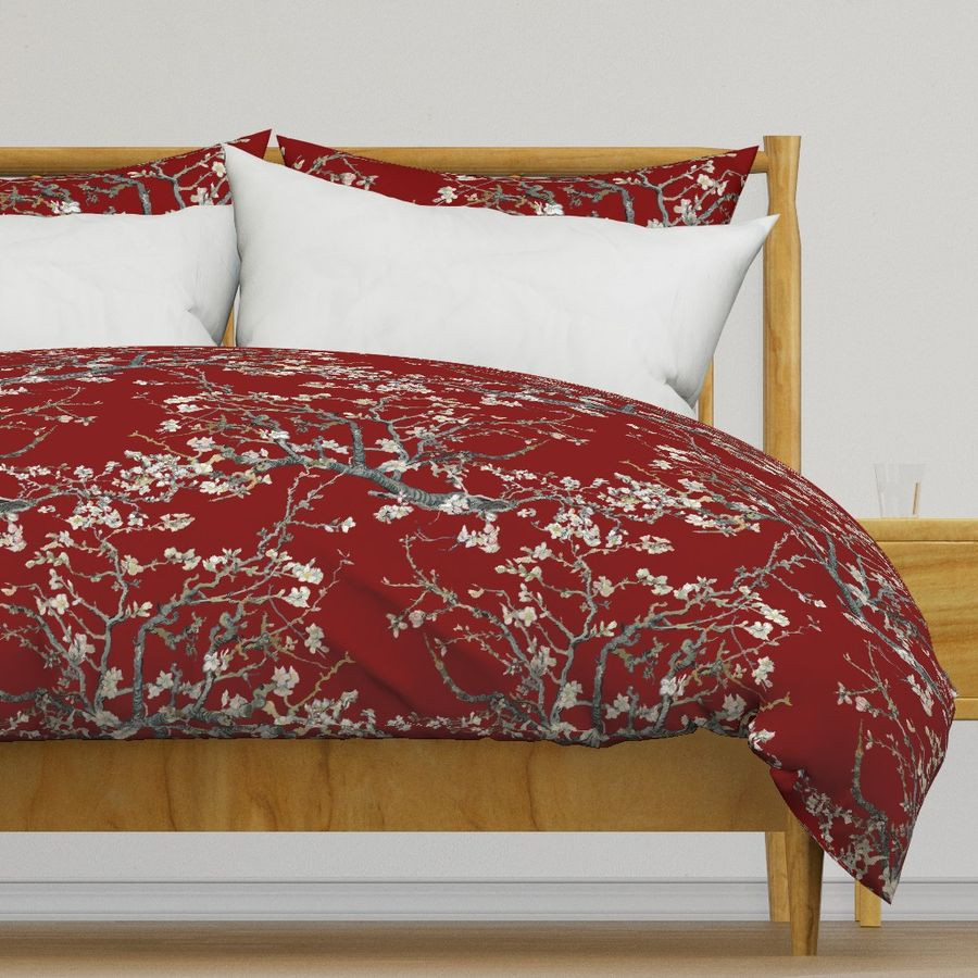 Almond Blossoms ~ Van Gogh ~ Grey on Oxblood | Spoonflower