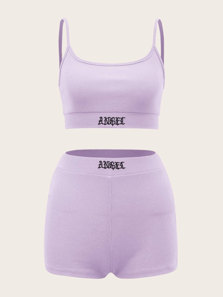 SHEIN PETITE Letter Embroidery Cami Crop Top & Biker Shorts Set | SHEIN