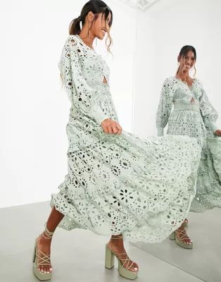 ASOS EDITION v neck broderie midi dress with puff sleeves in sage green | ASOS (Global)