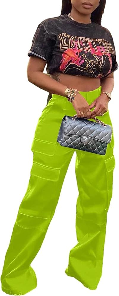 XZLUFNY Satin Cargo Pants for Women High Waist Multiple Pockets Wide Leg Trouser | Amazon (US)