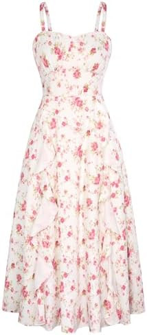 Belle Poque Sun Dresses for Women Spring Summer Floral Midi Flowy Spaghetti Ruffle Wedding Guest ... | Amazon (US)