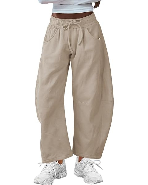 Hongsui Women's Barrel Leg Pants Elasticated Waistband Soft Wide Leg Pants with Pockets Casual Sw... | Amazon (US)