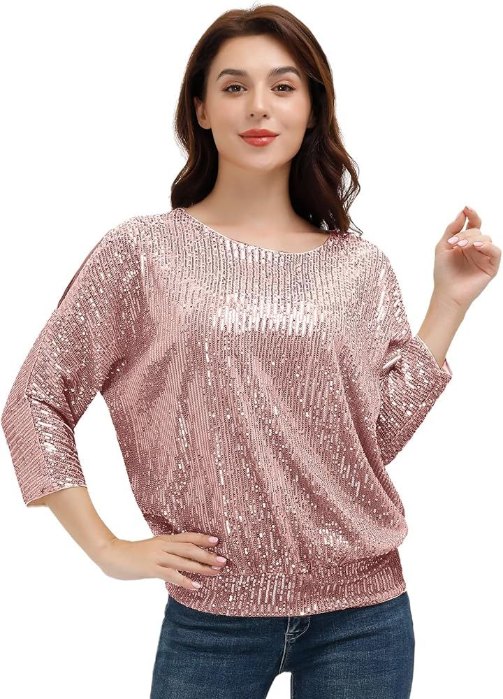 JASAMBAC Women's Sparkle Sequin Tops Shimmer Glitter Loose Cold Shoulder Party Tunic Batwing Dolm... | Amazon (US)