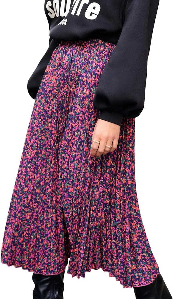 Floerns Women's Floral Printed Elastic Waist A Line Pleated Ruffle Midi Skirt | Amazon (US)