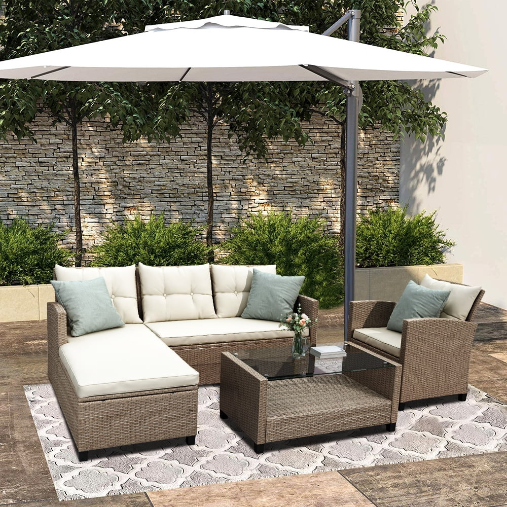 Patio Furniture Sets, 4-Piece Outdoor Sectional Sofa Set with Loveseat and Lounge Sofa, Armchair,... | Walmart (US)