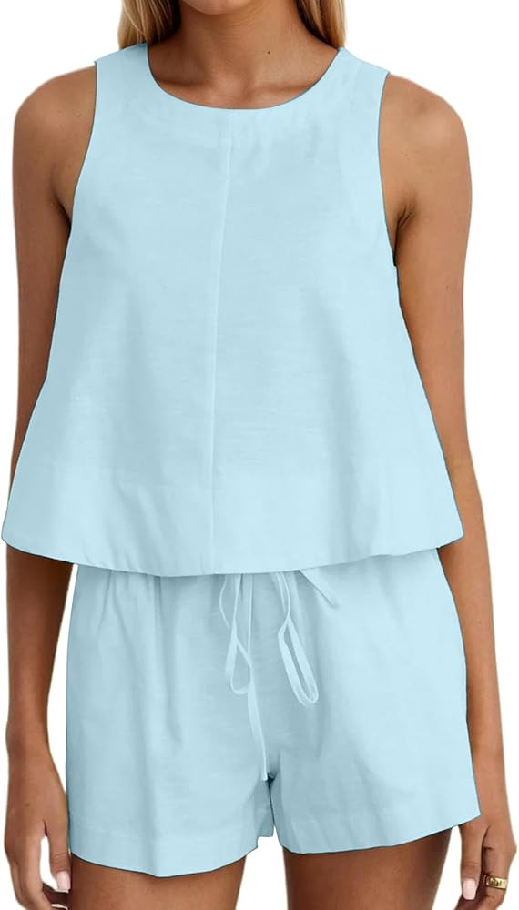 Ythomm Womens Two Piece Lounge Sets Round Neck Peplum Tops High Waist Linen Shorts Summer Matchin... | Amazon (US)