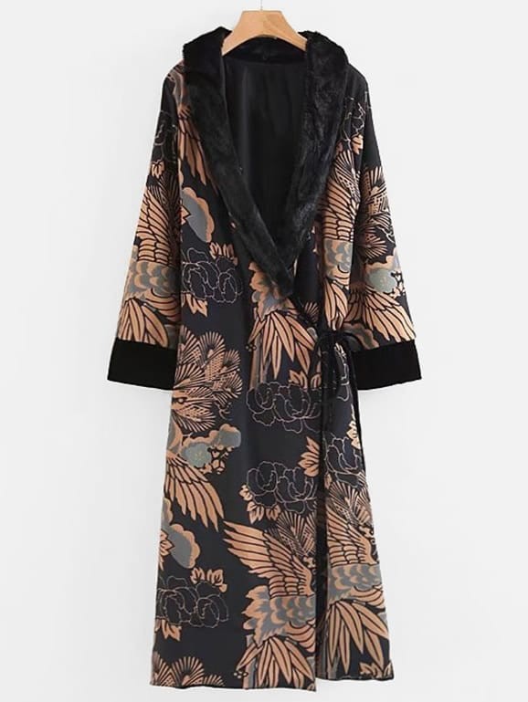 Kimono long col en fourrure fausse avec lacet | SHEIN