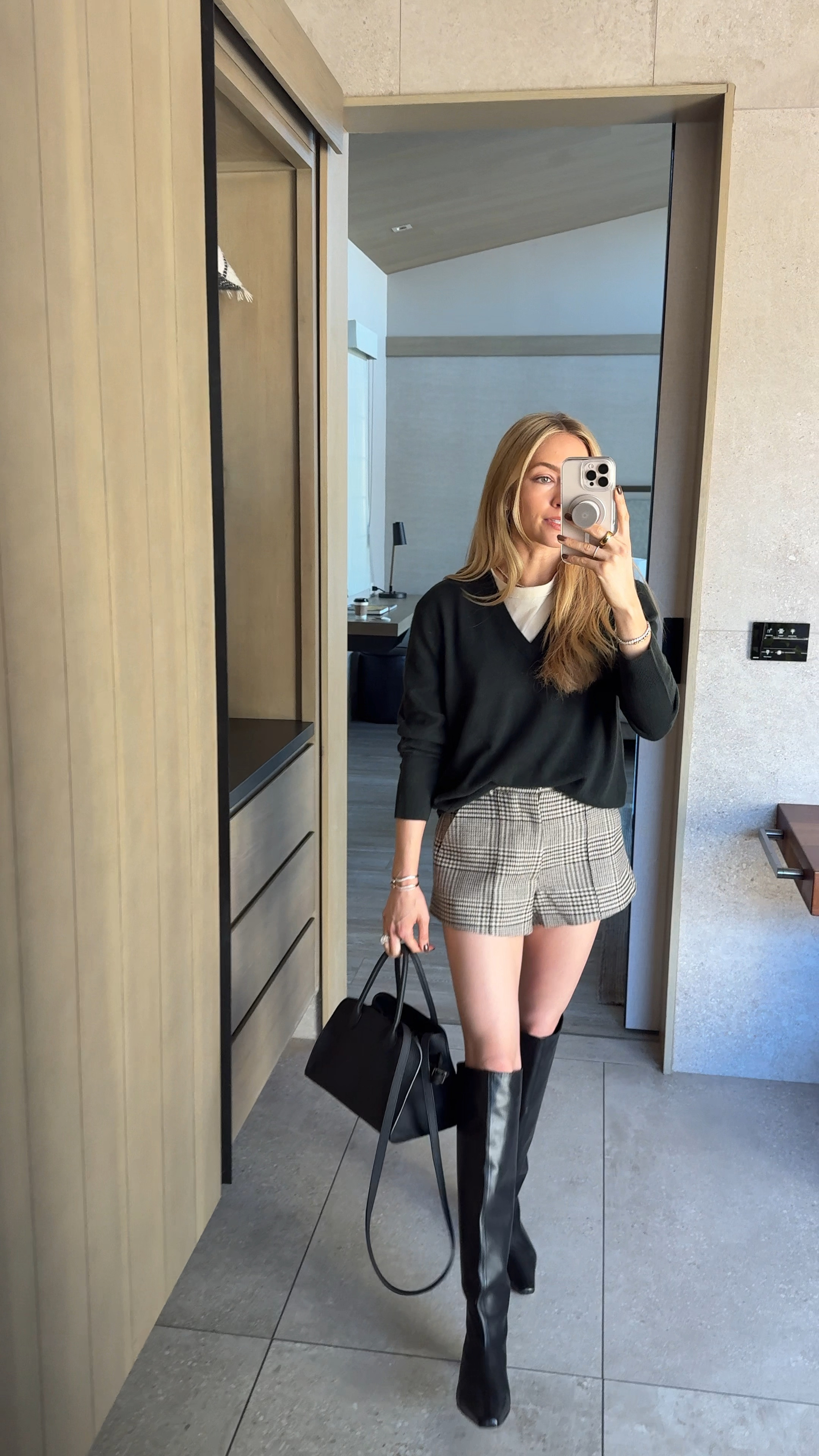 Day 2 in Napa Valley with Apple! Packed these plaid Doen shorts, black knee high boots and olive green V-neck cashmere sweater. Paired with my Row bag (the Margaux 10) - sold out at the moment

Use code SE15 for 15% off the Jenni Kayne sweater

Sizes worn here:
Tee XS (TTS)
Shorts XS (TTS)
Sweater XS (relaxed fit TTS)
Boots 39.5 (TTS)#LTKVideo 

#LTKShoeCrush #LTKTravel