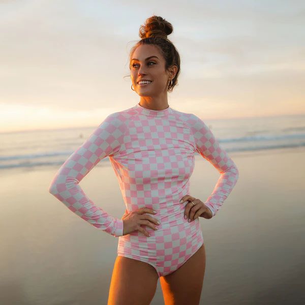 Pink Check Long Sleeve Rash Guard One-Piece | Albion Fit