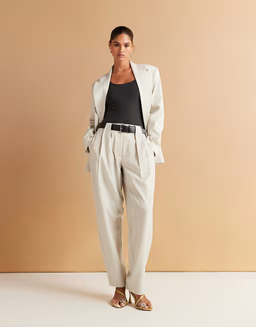 ASOS DESIGN tailored textured barrel leg pants with belt in cream | ASOS (Global)