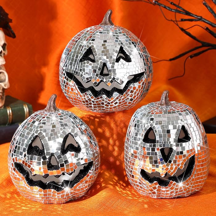 Simgoing 3 Pcs Large Halloween Disco Pumpkin Decor, Ghost Pumpkin, Silver | Amazon (US)