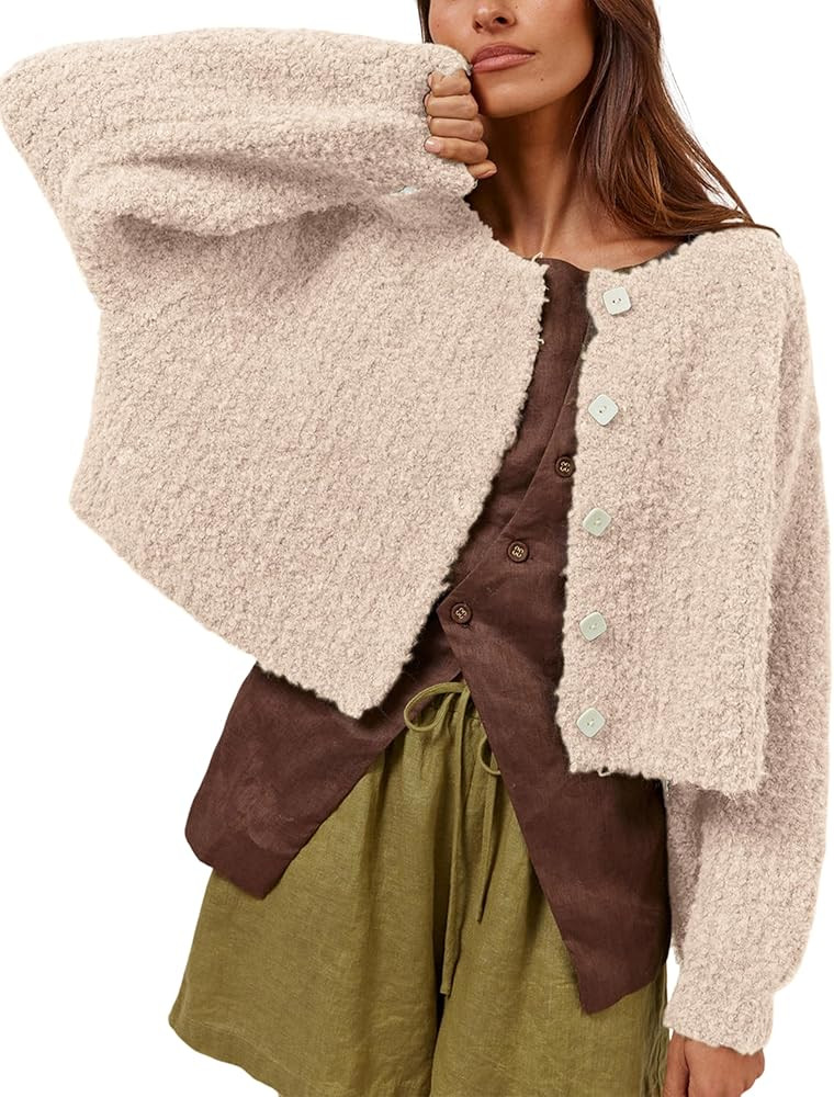 Lviefent Women Knit Cardigans Casual Open Front Button Down Long Sleeve Cropped Sweater Jacket Ou... | Amazon (US)