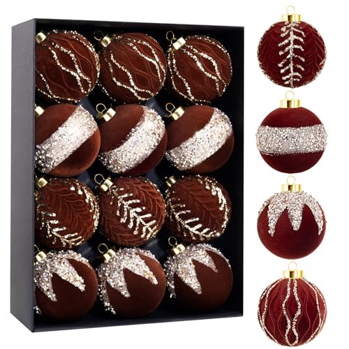 Nervure 12PCS Dark Red Velvet Christmas Ornaments - 80mm Glitter Christmas Tree Decoration with a Delicate Black Gift Box for Parties, Decorations | Amazon (US)