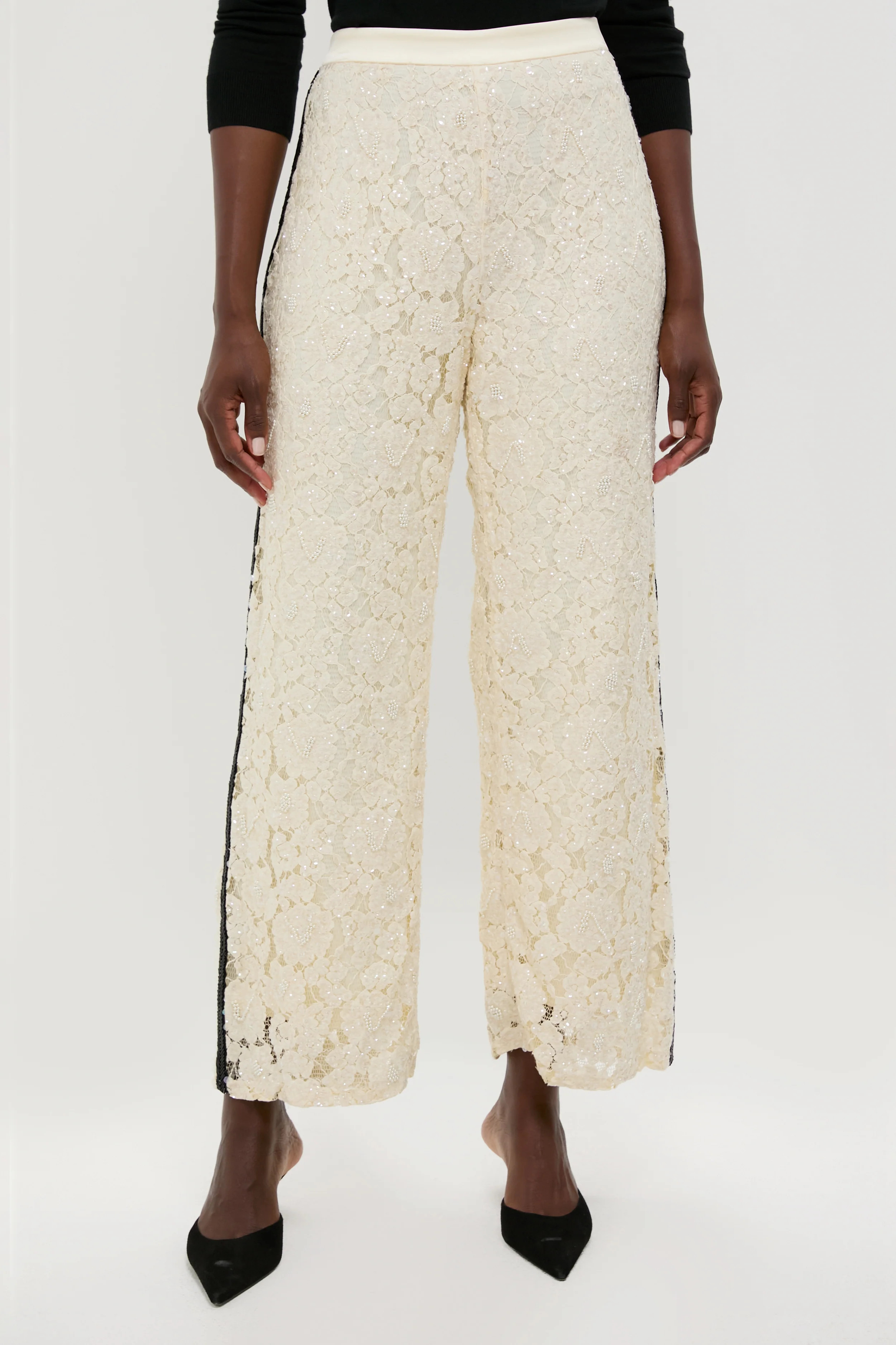 Cream Lace Sequin Straight Pants | Tuckernuck (US)