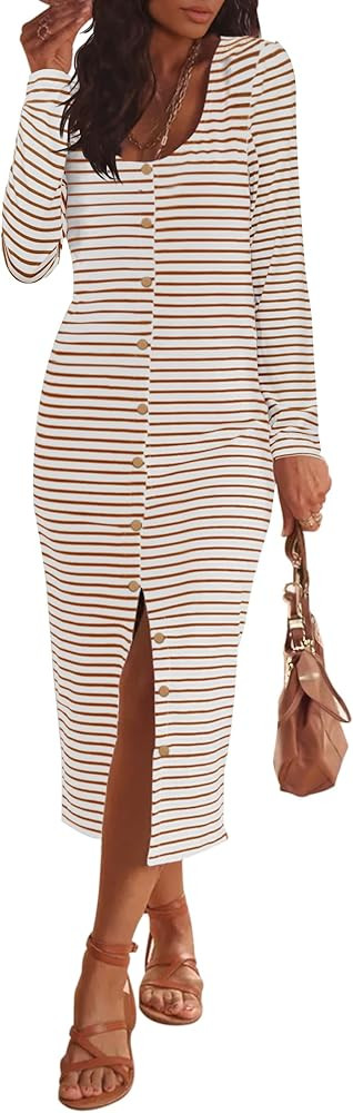 MEROKEETY Women's Fall Long Sleeve Striped T Shirt Midi Dress Casual Scoop Neck Boho Bodycon Dres... | Amazon (US)