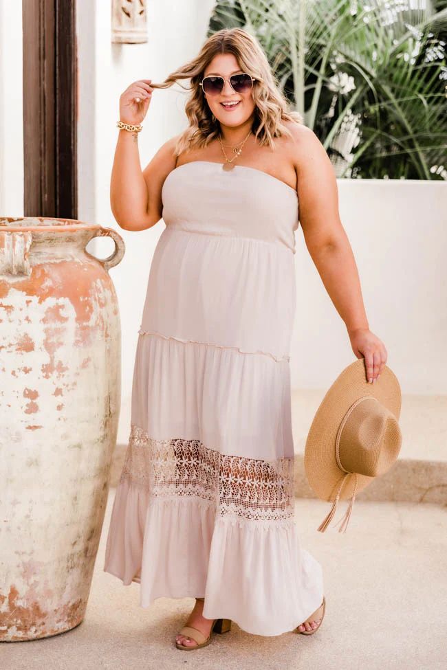 Envision A Getaway Lace Maxi Beige Dress | The Pink Lily Boutique