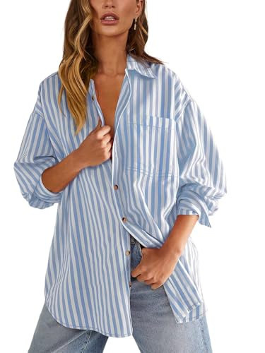 Womens Button Down Shirts Striped Classic Long Sleeve Collared Office Work Blouses Tops with Pocket Lt Blue | Amazon (US)