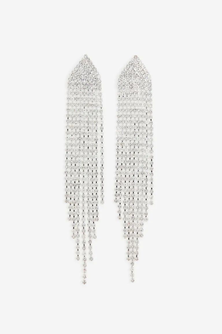 Long Rhinestone Earrings - Silver-colored - Ladies | H&M US | H&M (US + CA)