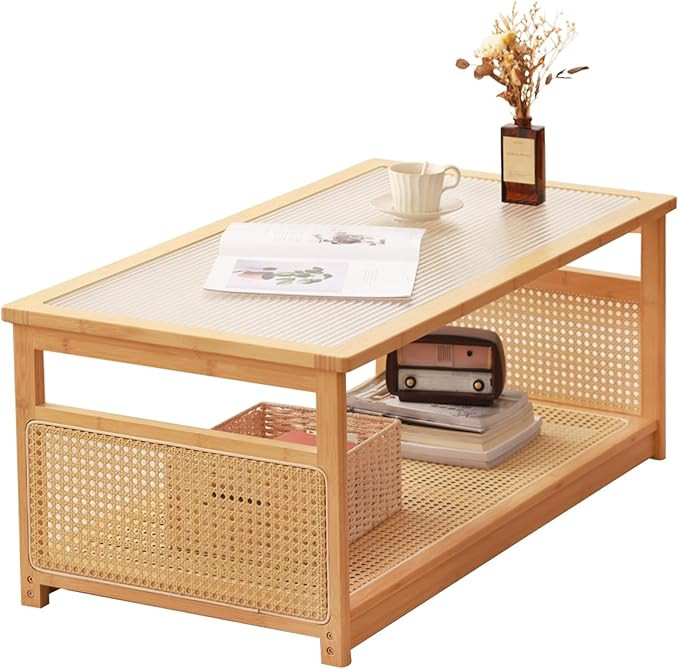 Tiita Coffee Tables for Living Room，Mid Century Modern Storage 2-Tier Coffee Tables，Rattan Gl... | Amazon (US)